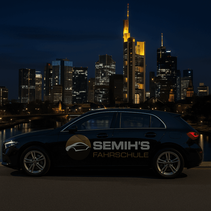 Mercedes-Benz vor Skyline Frankfurt am Main - Semih's Fahrschule Standort